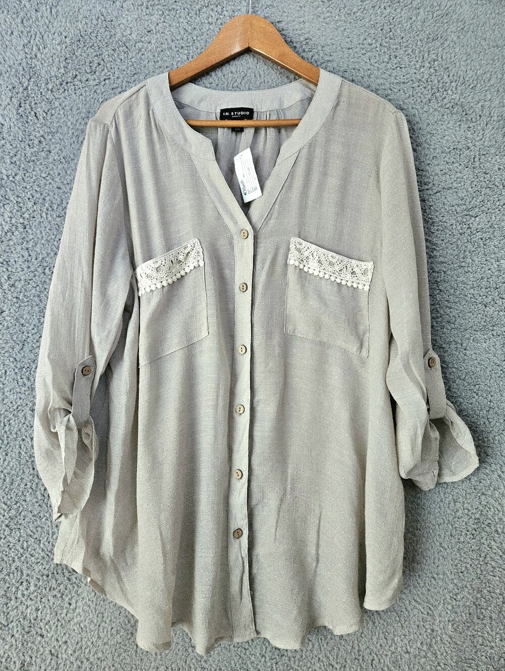 I.N. Studio Taupe Blouse 1X Roll Tab Sleeve Button Front Lace Woman Plus Top